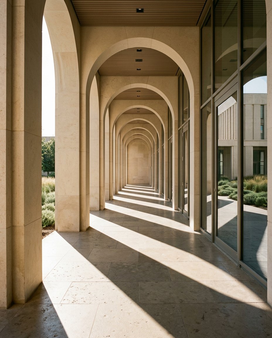Sunlit architectural colonnade