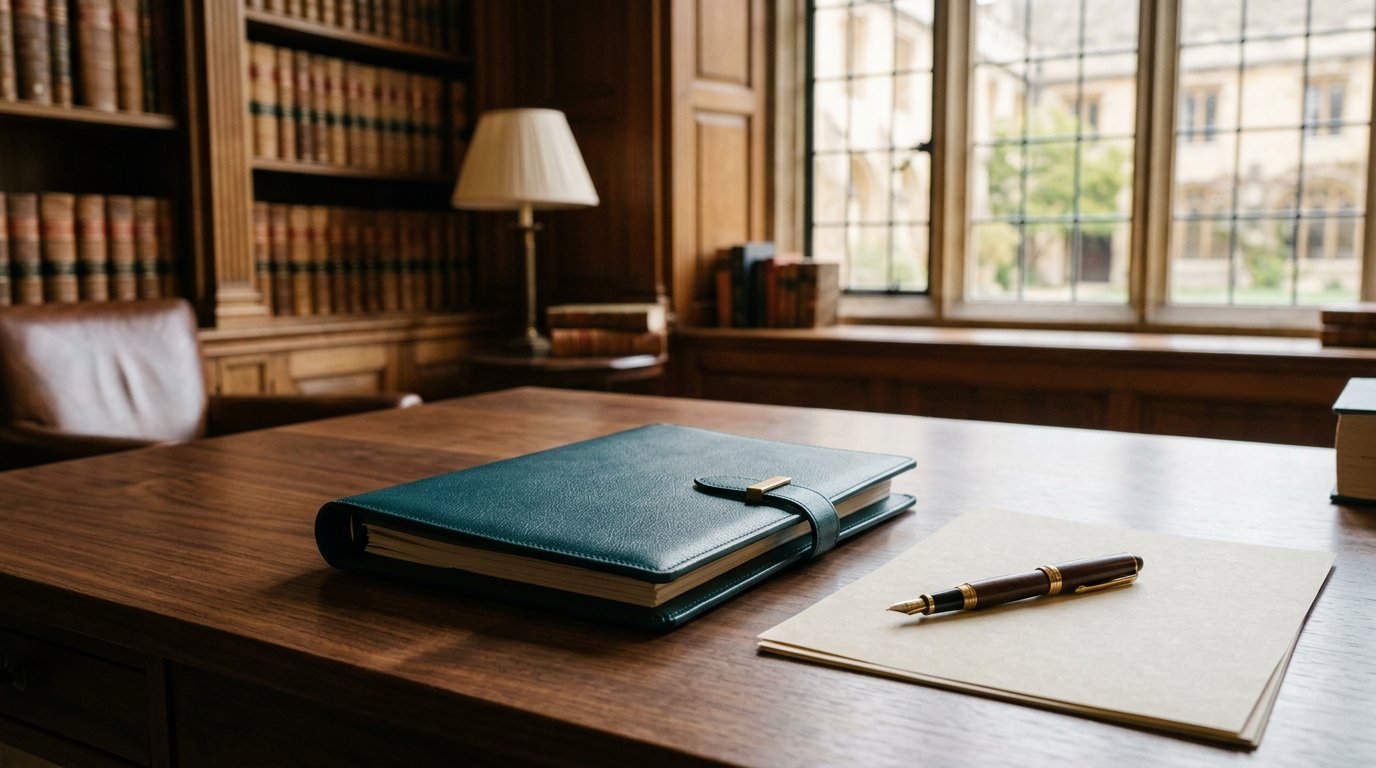 Folio and fountain pen on a desk