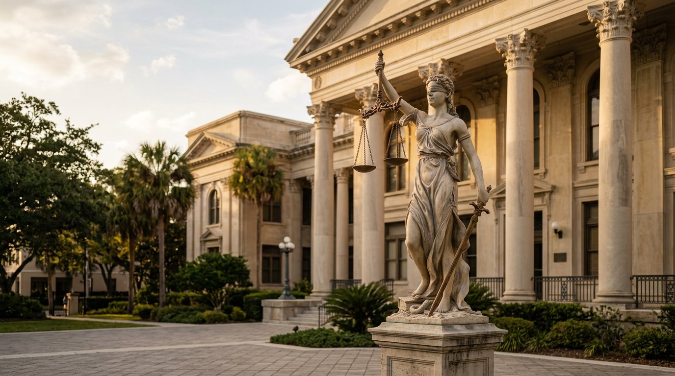 Lady Justice statue holding balanced scales outside a courthouse
